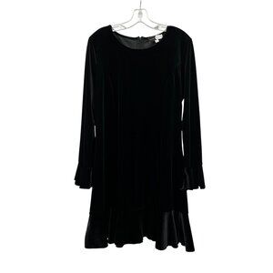 Piper & Scoot Womens Velour Shift Dress Ruffle Hem Cuff Black Size Large